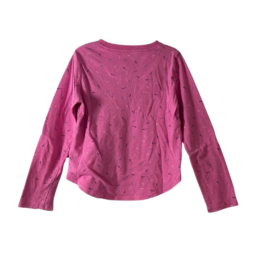 Nike Girls Pink Long Sleeve Shirt With Multicolor Swoosh Print - Size L 9/10 - C